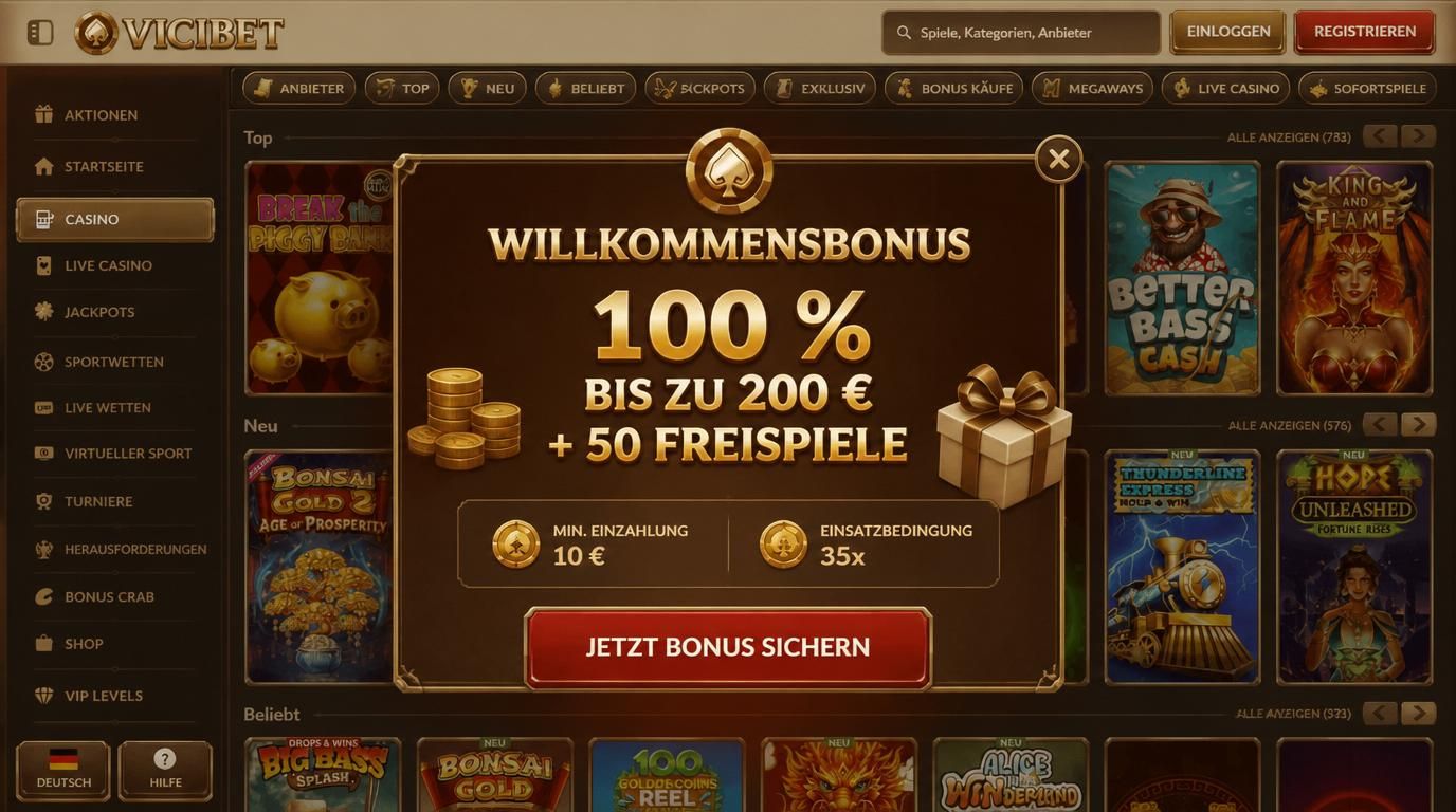 Ein Bildschirm zeigt den Willkommensbonus „100 % bis zu 200 € + 50 Freispiele“ mit kleinem Einsatzbereich