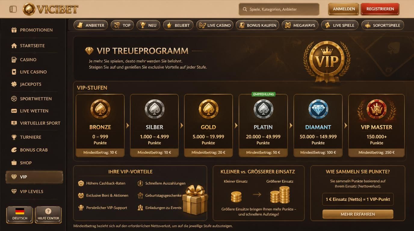 Grafik mit Treuestufen, VIP-Icon, kleinen Einsätzen und Bonusbedingunge