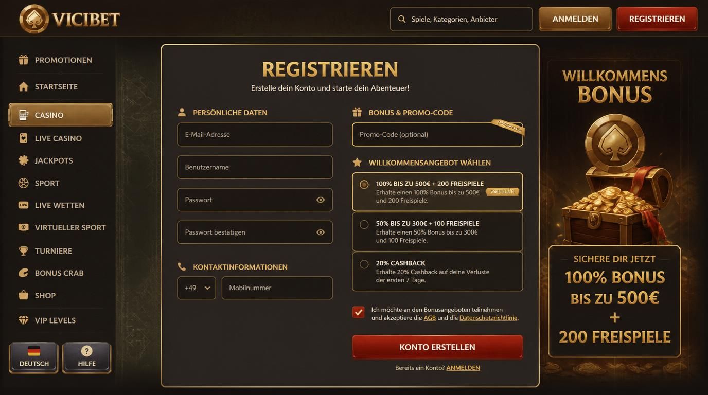 Ein Bild zeigt ein Registrierungsformular mit aktiv ausgefülltem Bonuscode Feld und Willkommensbonus Auswahl